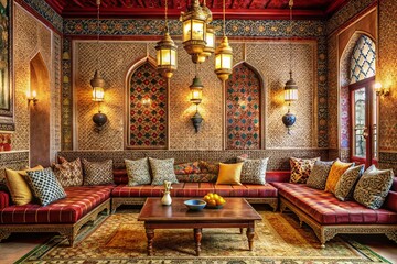 Fototapeta premium Vintage Style Living Room: Turkish-Moroccan Fusion, Long Sofa, Patterned Walls, Lanterns