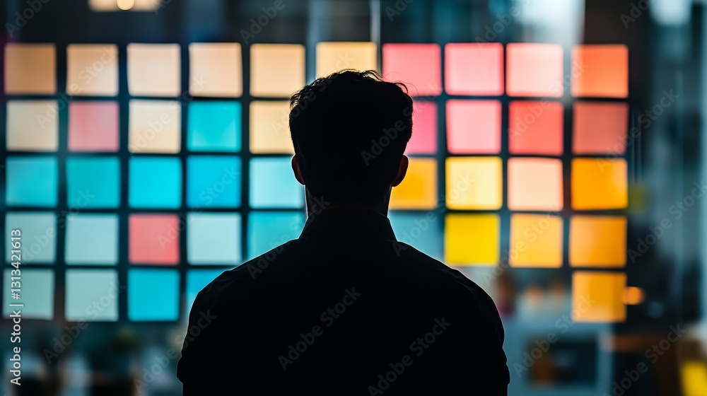 Poster silhouette of a person contemplating colorful post-it notes display