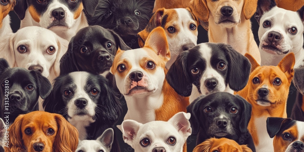 Poster a group of dogs with different colors and sizes are all looking at the camera. concept of unity and 