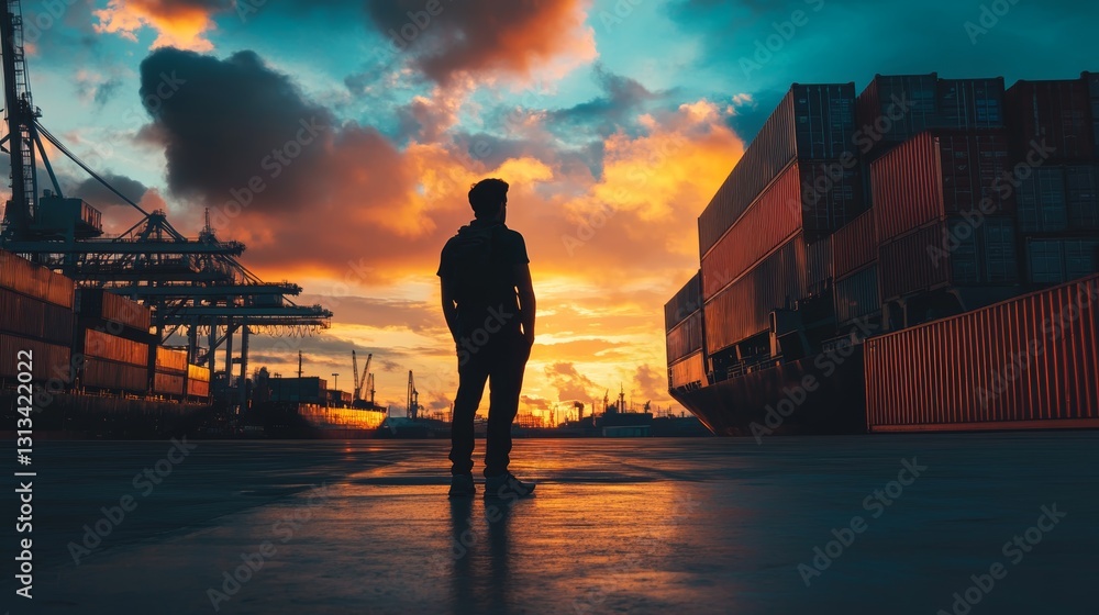Poster a man stands in front of a large container ship in the distance