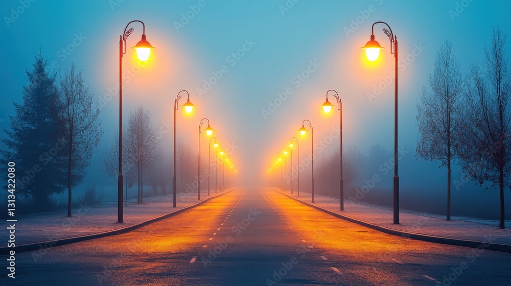 Poster serene foggy street illuminated by glowing lamps with trees lining the path, creating a tranquil atm