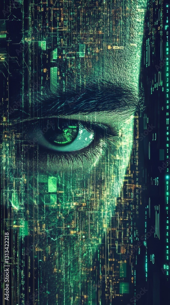 Poster digital eye with futuristic technology and data visualization elements