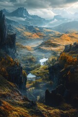 Mystical mountains and forest under dramatic sky. Fantasy hiking adventure in a wilderness landscape with autumn colors.