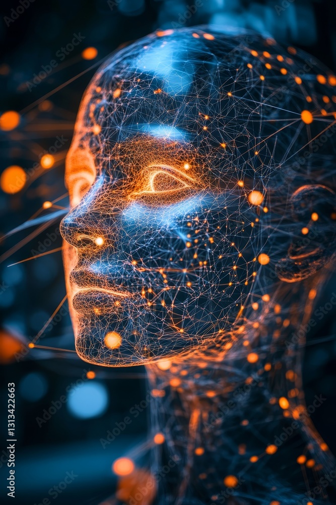 Poster futuristic digital face with glowing data connections and nodes