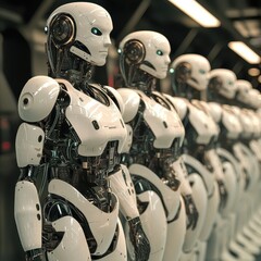 Fototapeta premium Line of Futuristic Robots with Sleek Design in Modern Environment