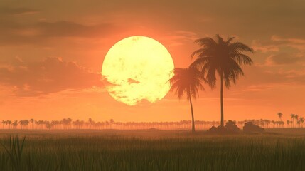 Obraz premium Golden sun setting over a tropical landscape with palm trees creating a serene and picturesque scene in warm vibrant colors