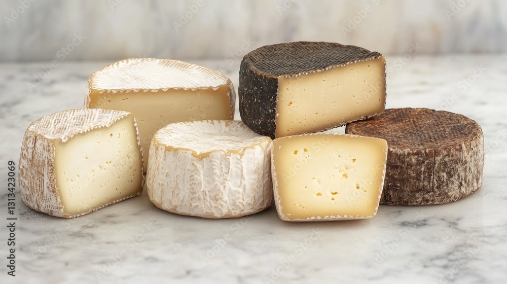 Poster cheese slices with different textures and colors, perfect for snacking or serving.
