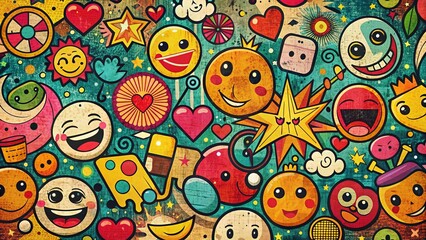 Fototapeta premium Vintage Trendy Marketing Doodle Art Emojis Pattern Texture Stock Photo