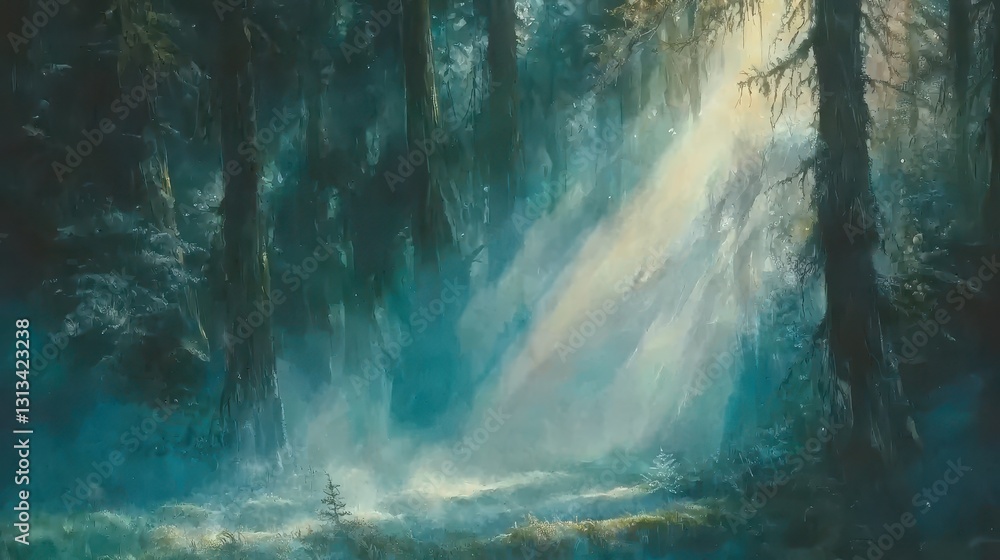 Poster tranquil forest scene with soft light filtering through trees