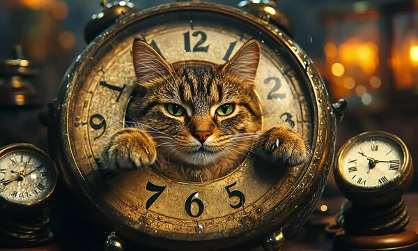 Vintage clock with a cat inside