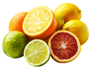 vibrant collection of citrus fruits including oranges, lemons, limes, and grapefruits, showcasing their colorful and juicy interiors