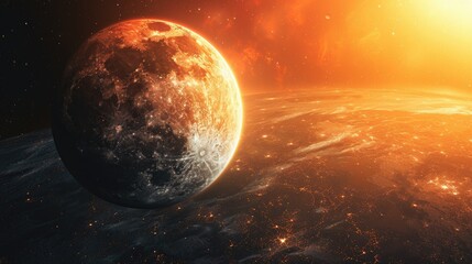A stunning view of a celestial body in space, illuminated by a distant sun.