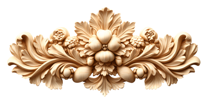 Intricate wood carving pattern featuring floral and leaf motifs, showcasing detailed craftsmanship and elegant design. symmetrical arrangement adds classic touch to decorative piece
