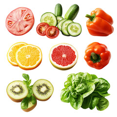 vibrant assortment of fresh fruits and vegetables including sliced tomatoes, cucumbers, bell peppers, citrus fruits, kiwi, and leafy greens, showcasing colorful and healthy selection