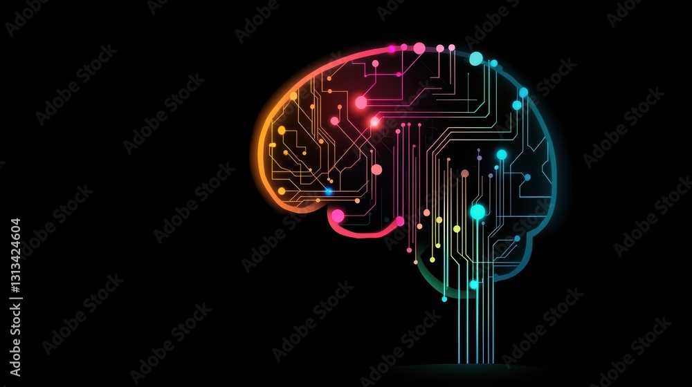 Poster a human brain silhouette filled with colorful, glowing circuits and data streams, representing artif