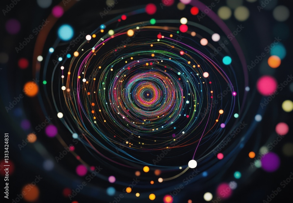 Poster colorful swirling motion of dots and lines creating a dynamic abstract cosmic tunnel effect illustra