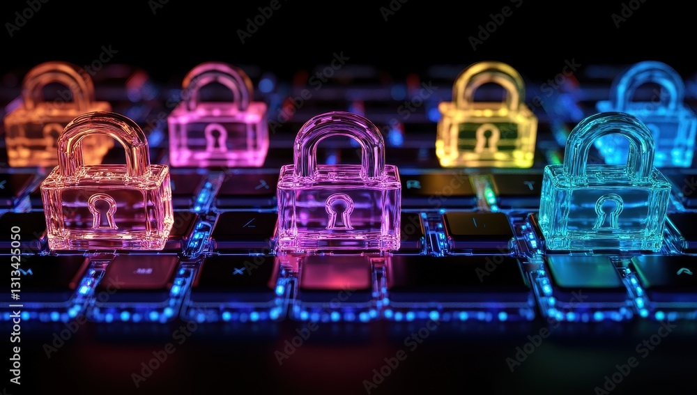 Poster colorful transparent locks on a dark keyboard representing cybersecurity and digital protection in a