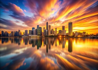 Fototapeta premium Warm Sunset Long Exposure Cityscape - Vibrant Urban Night Photography