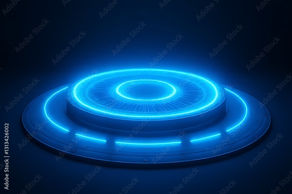 Poster futuristic blue glowing platform display digital studio 3d render dark environment close-up view tec