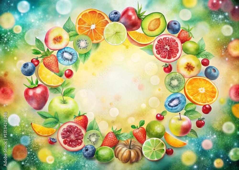Poster watercolor fruit circle pattern texture background with bokeh effect