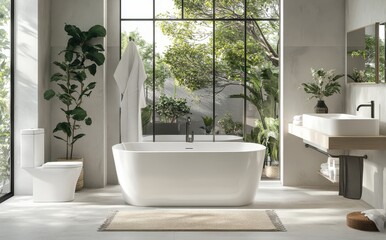 Fototapeta premium Contemporary bathroom design with freestanding bathtub, elegant plants, large windows and serene natural lighting for a tranquil atmosphere