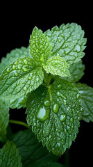 Close-up of Fresh Mint Leaves Covered in Dew Drops