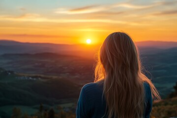 Fototapeta premium Woman Watching Sunset Over Scenic Valley Landscape at Dusk