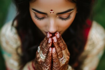 Fototapeta premium Elegant Portrait of Woman with Intricate Henna and Prayer Gesture