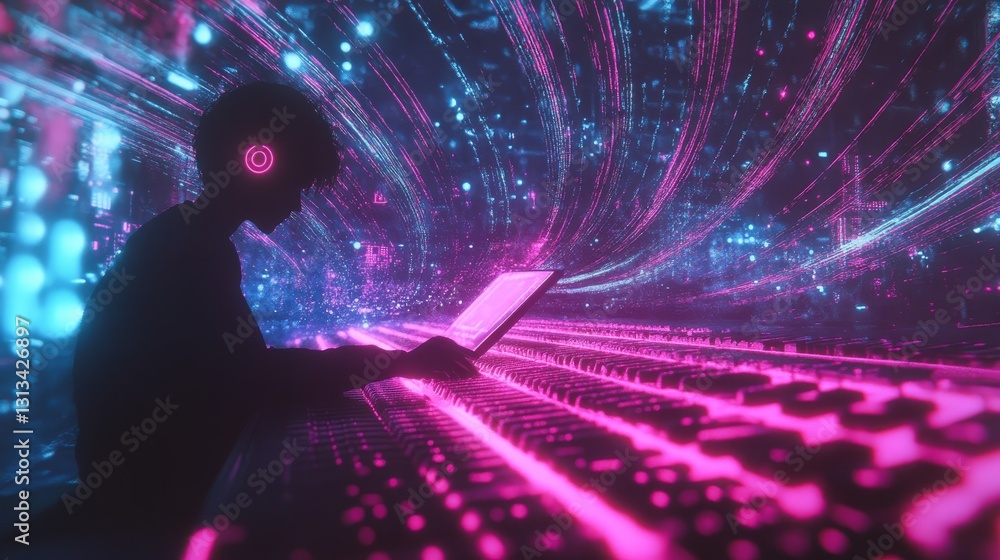 Poster futuristic digital interface with user interacting and vibrant effects