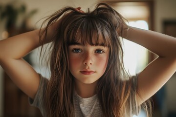 Fototapeta premium Young Girl with Long Hair and Freckles Expressing Emotions at Home