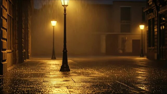 A tranquil, rain soaked street illuminated by glowing lamps
