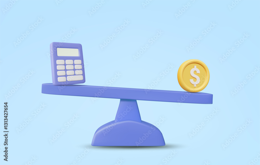 Poster 3d illustration vector render of calculator icon on scale with coins. concept of financial balancing