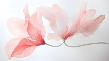 Two elegant blooming flowers with translucent soft pink petals are shown