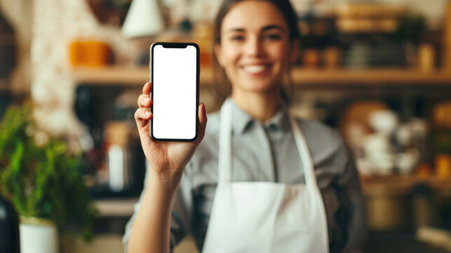 A female baker advertises a mobile application for cafe employees. A student holds a cell phone with an empty white screen in her hand in a restaurant kitchen. Phone mockup