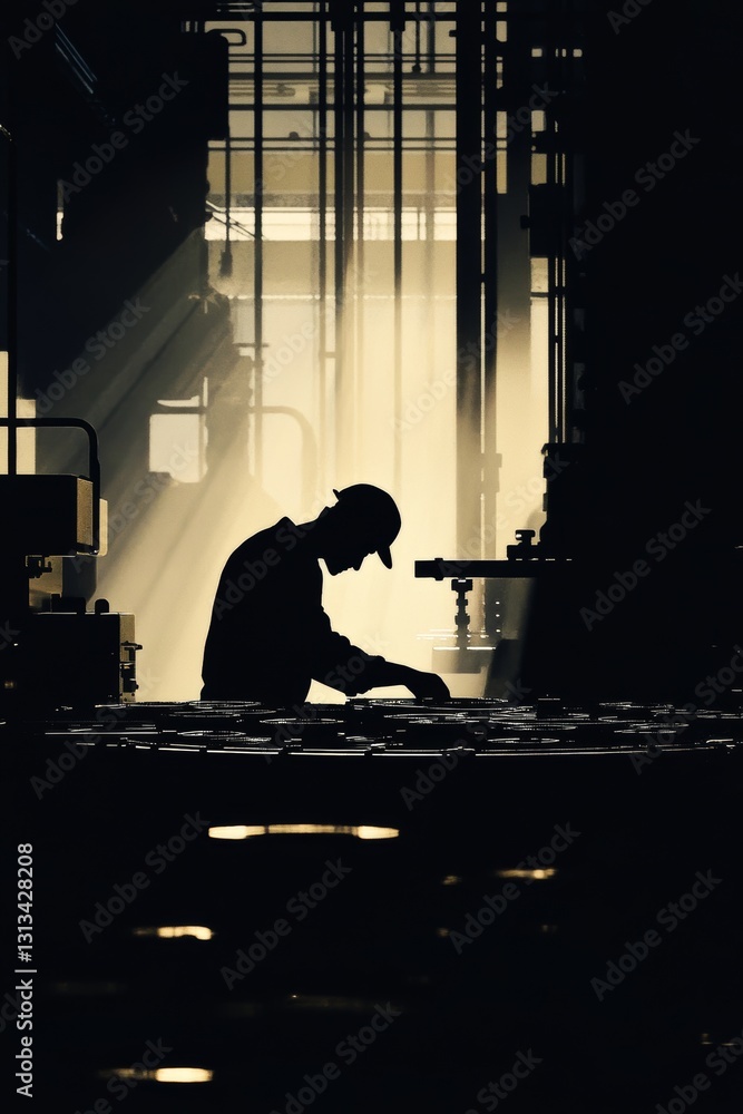 Poster silhouette of worker in factory with rays of light and shadows