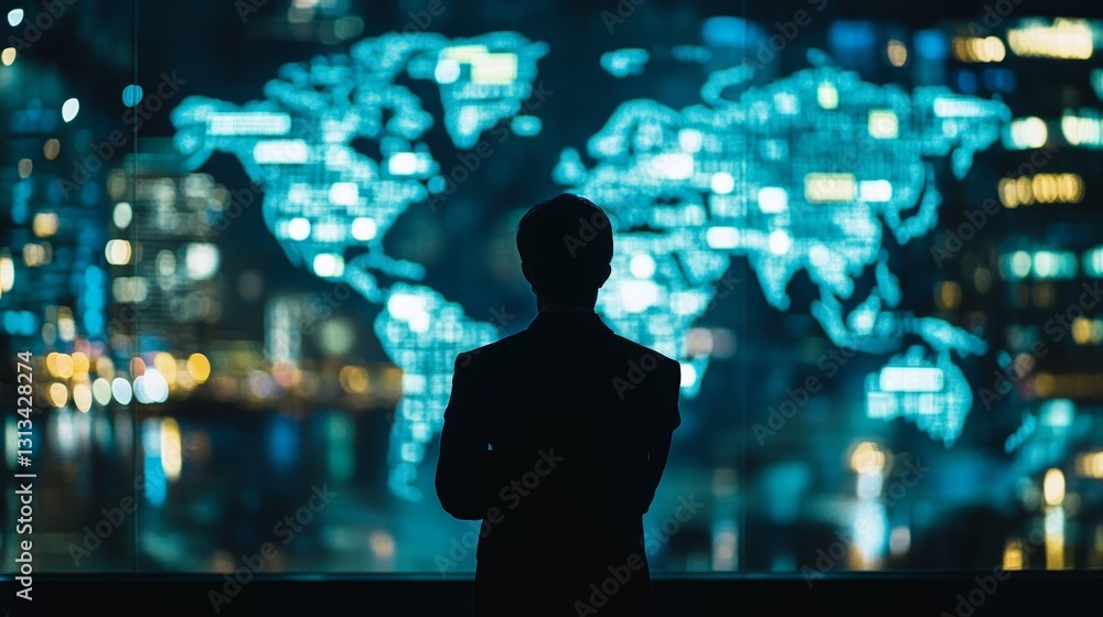 Poster a man stands in front of a large screen that displays a map of the world