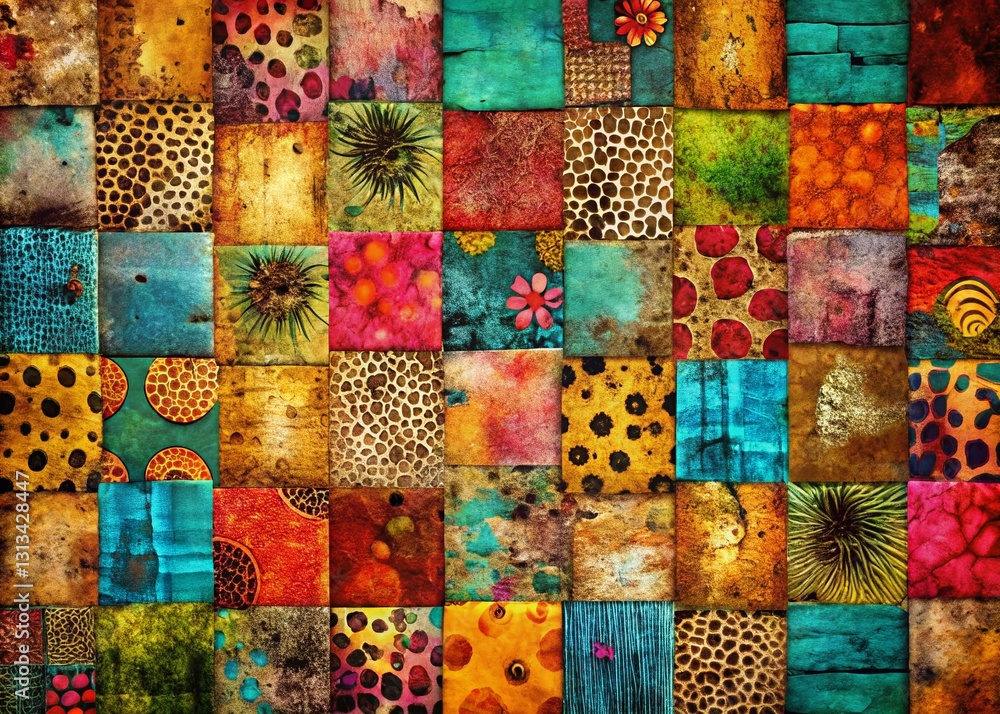 Poster whimsical animal blobs on textured patchwork urban exploration background