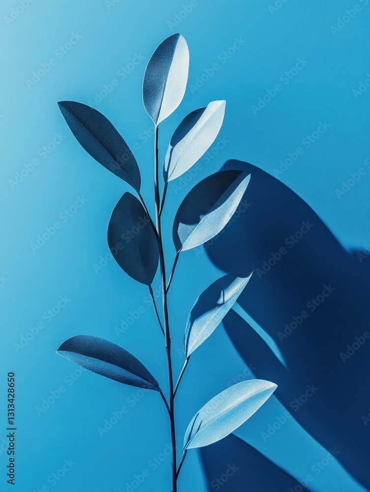 Poster elegant branch with leaves casting shadows on a vibrant blue background creating a calm and serene m