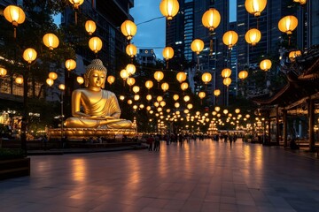 Buddha statue meditating under hanging lanterns in Kuala Lumpur at twilight