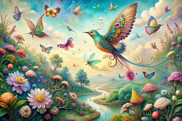 Fototapeta premium Whimsical Bird and Butterfly Aerial Pattern - Colorful Nature Art