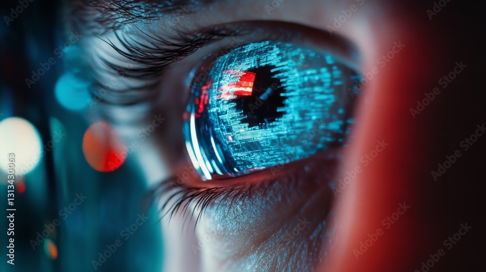 Poster close-up of eye with digital code and glowing visual effect