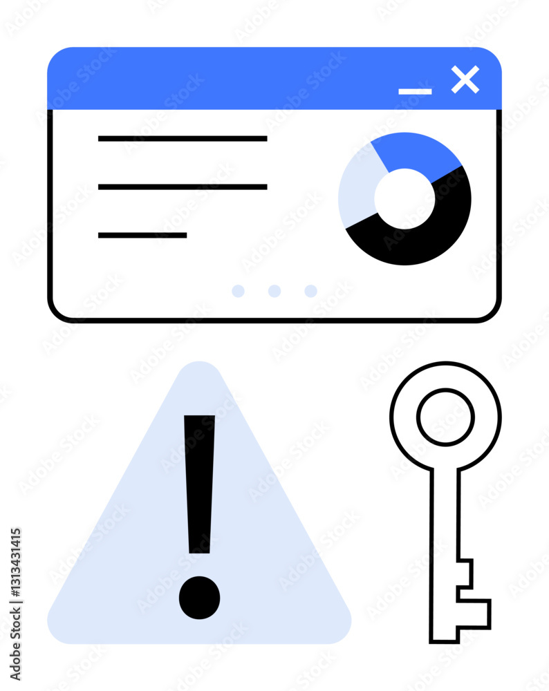 Poster data dashboard with pie chart and lines, warning triangle with exclamation mark, key symbolizing acc