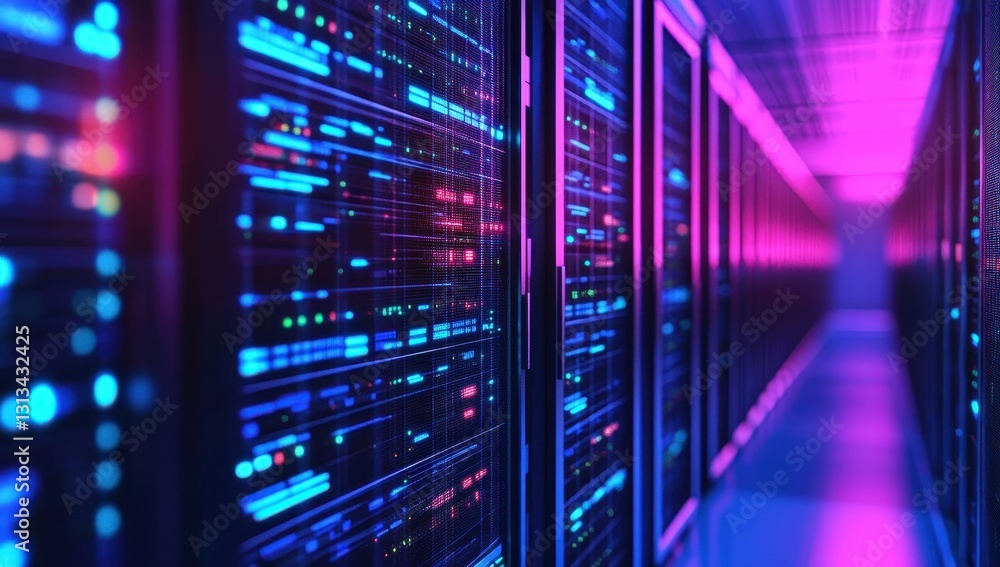 Aufkleber dark server room illuminated with colorful lights, showcasing high-tech data storage racks and vibra