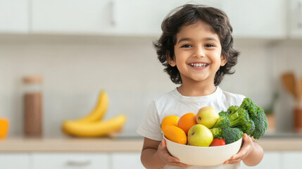 Obraz premium happy indian boy holding fruit bowl at kitchen