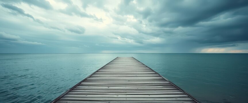 Empty wooden pier extends into a moody sea under a cloudy sky, photography, alone