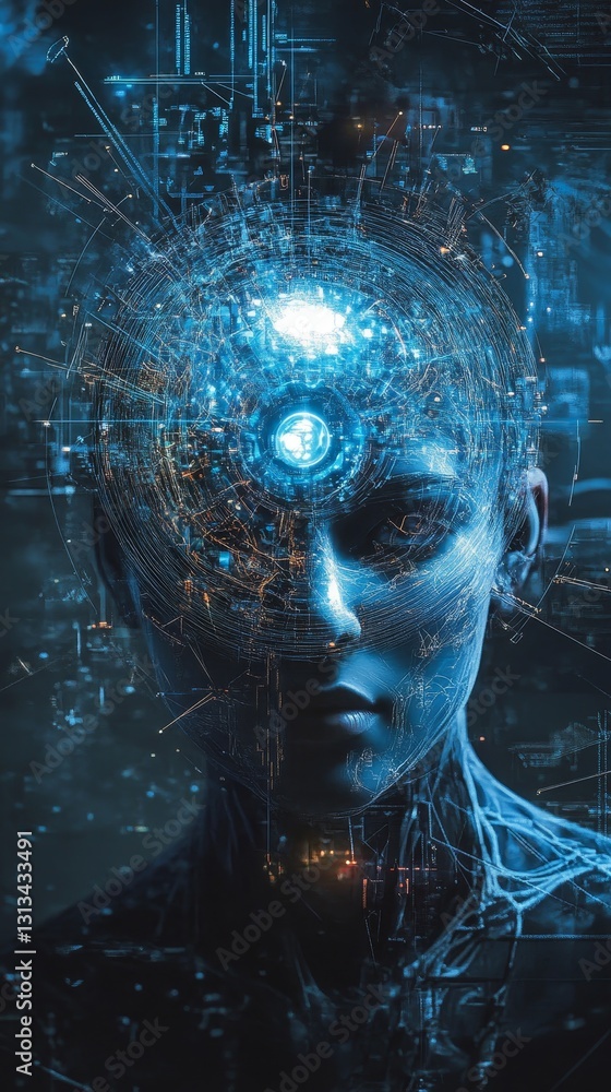 Poster futuristic digital face with abstract neural network design