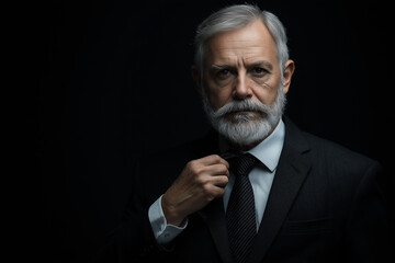 Fototapeta premium Portrait of senior businessman putting on tie while standing against black background, copy space concept