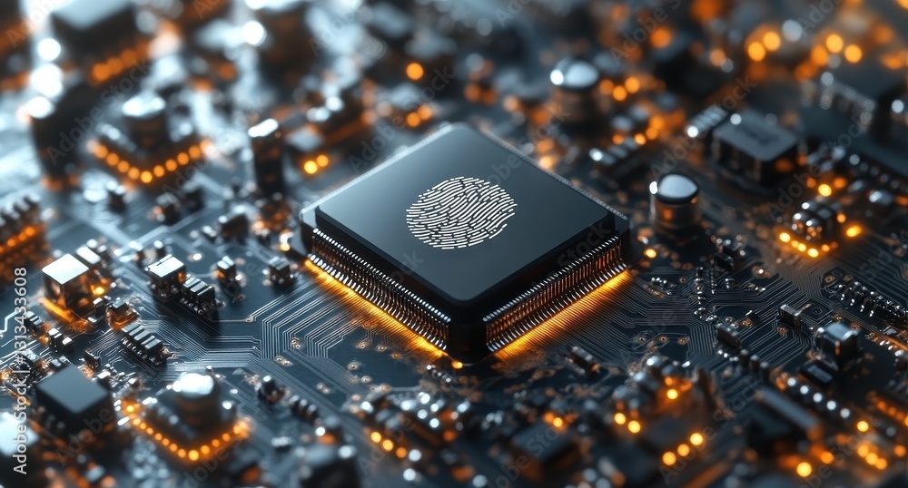 Aufkleber detailed close-up of a modern microchip on a circuit board with glowing lights representing advanced