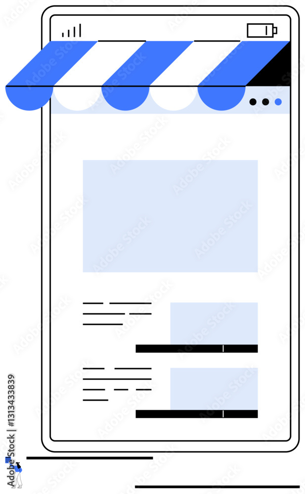 Poster mobile screen highlighting digital storefront layout with a striped awning and structural design ele