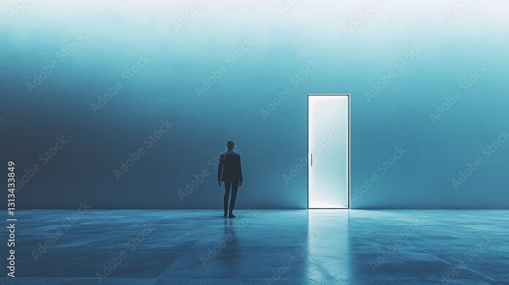 Poster a man stands in front of a large open door